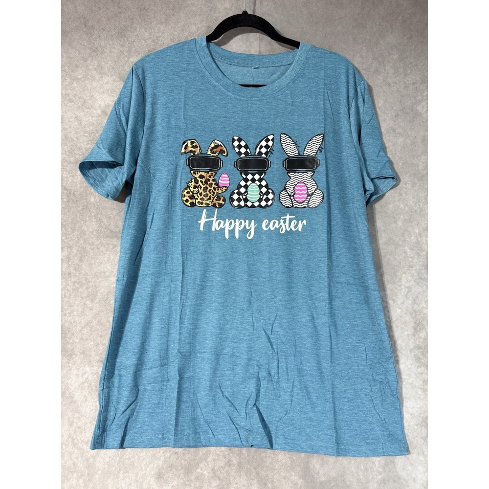 Easter T-Shirt Size Large Bunnies Vr Cyan Short Sleeve Extra Soft